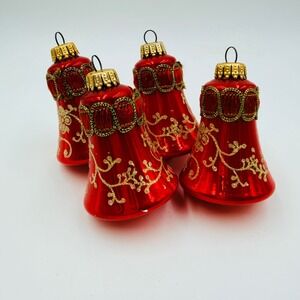 Vintage West Germany Red Glass Bell Christmas Ornaments Gold Glitter Set of 4